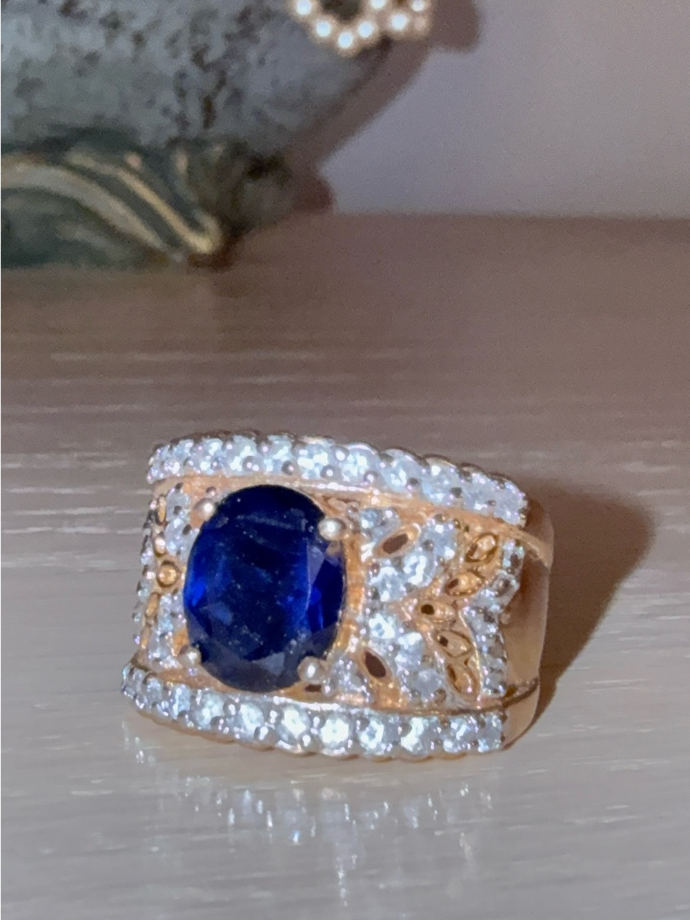 925 Sterling Silver Elegant Gold Synthetic Sapphire and Diamond Ring